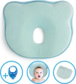Baby IQ Orthopedisch Baby Hoofdkussen – Traagschuim – Tegen Plat Achterhoofd – Baby Kussen Plat Hoofd - Kraamcadeau – Blauw – Incl Gratis Bandana Slabber
