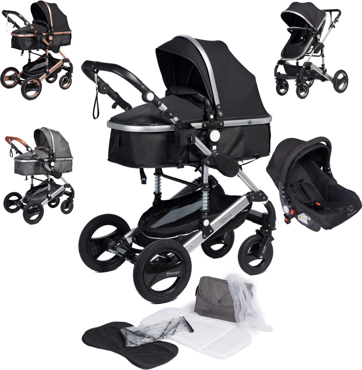 Bronea EXQUISE Luxe Multi-functionele Kinderwagen 3 In 1 | Zwart / Silver | Incl. MATRAS, Buggy, Autostoel, Luiertas, Regenhoes, Voetenwarmer, Muggen Net & Zonneklep 3 Bronea EXQUISE Luxe Multi-functionele Kinderwagen 3 In 1 | Zwart / Silver | Incl. MATRAS, Buggy, Autostoel, Luiertas, Regenhoes, Voetenwarmer, Muggen Net & Zonneklep