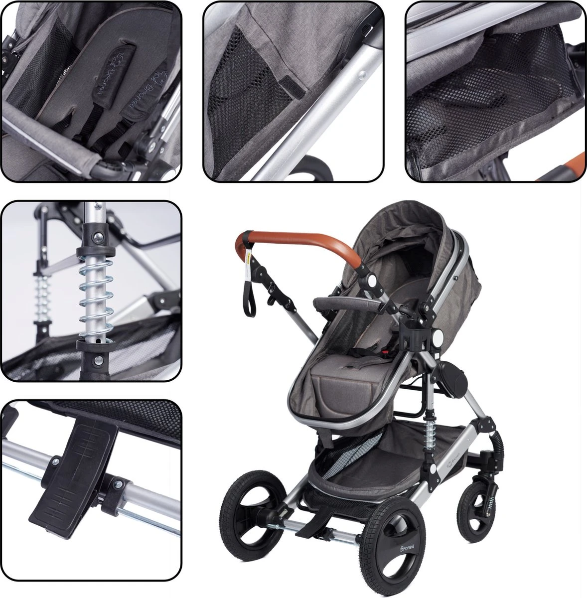Bronea EXQUISE Luxe Multi-functionele Kinderwagen 3 In 1 | Zwart / Silver | Incl. MATRAS, Buggy, Autostoel, Luiertas, Regenhoes, Voetenwarmer, Muggen Net & Zonneklep 7 Bronea EXQUISE Luxe Multi-functionele Kinderwagen 3 In 1 | Zwart / Silver | Incl. MATRAS, Buggy, Autostoel, Luiertas, Regenhoes, Voetenwarmer, Muggen Net & Zonneklep - Afbeelding 5