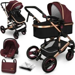 KIDUKU- 3 In 1 Combi-kinderwagen- Bordeaux- Zwart-goud- Buggy Incl. Autostoeltje-regenhoes- Inklapbaar