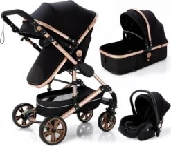 Luxe Kinderwagen 3 In 1 - Wandelwagen - Kinderwagen 3-in-1 Incl Autostoel - Kinderwagen Maxi Cosi – Buggy 3 In 1 - Newborn - Zwart/goud