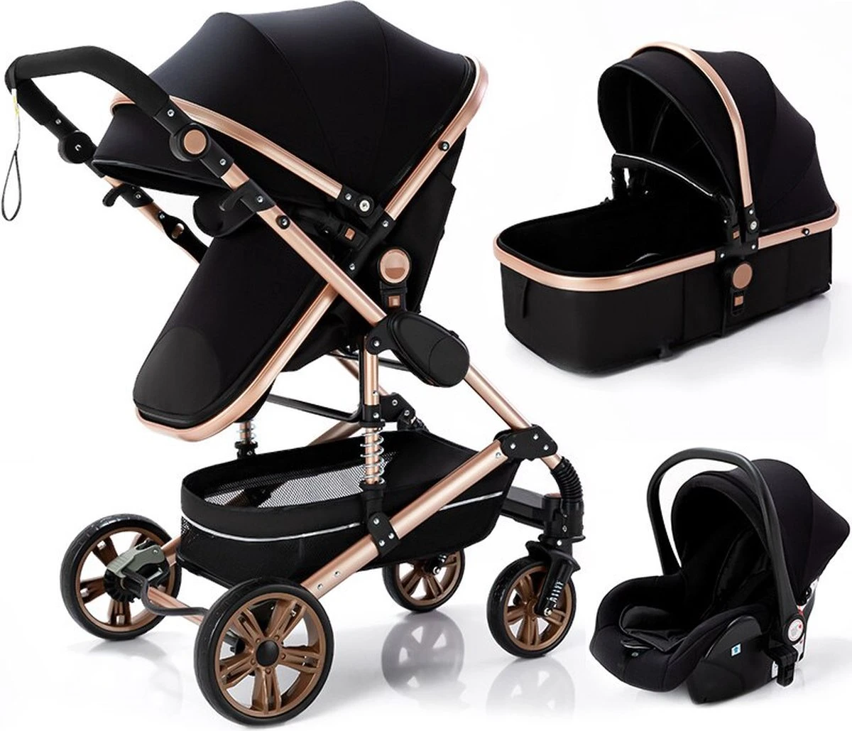 Luxe Kinderwagen 3 In 1 - Wandelwagen - Kinderwagen 3-in-1 Incl Autostoel - Kinderwagen Maxi Cosi – Buggy 3 In 1 - Newborn - Zwart/goud 3 Luxe Kinderwagen 3 In 1 - Wandelwagen - Kinderwagen 3-in-1 Incl Autostoel - Kinderwagen Maxi Cosi – Buggy 3 In 1 - Newborn - Zwart/goud
