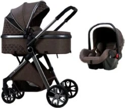 Merkloos Kinderwagen 3-in-1 – Luxe Kinderwagen - Buggy – Wandelwagen - Multifunctioneel – Opklapbaar – Incl Autostoel – Donkerbruin -Bekend Babyproducten Winkel 1200x1037