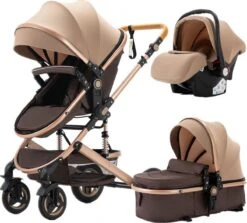 Merkloos Luxe 3-in-1 Kinderwagen - Wandelwagen - Autostoeltje - Buggy - Inklapbaar - Khaki/Bruin - 0-36 Maanden