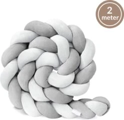 Bedbumper - Bedomrander - Bedbumper Ledikant - Bedbumper Gevlochten - Boxomrander - Babykamer Accessoires - 2 Meter - Katoen - Grijs/wit