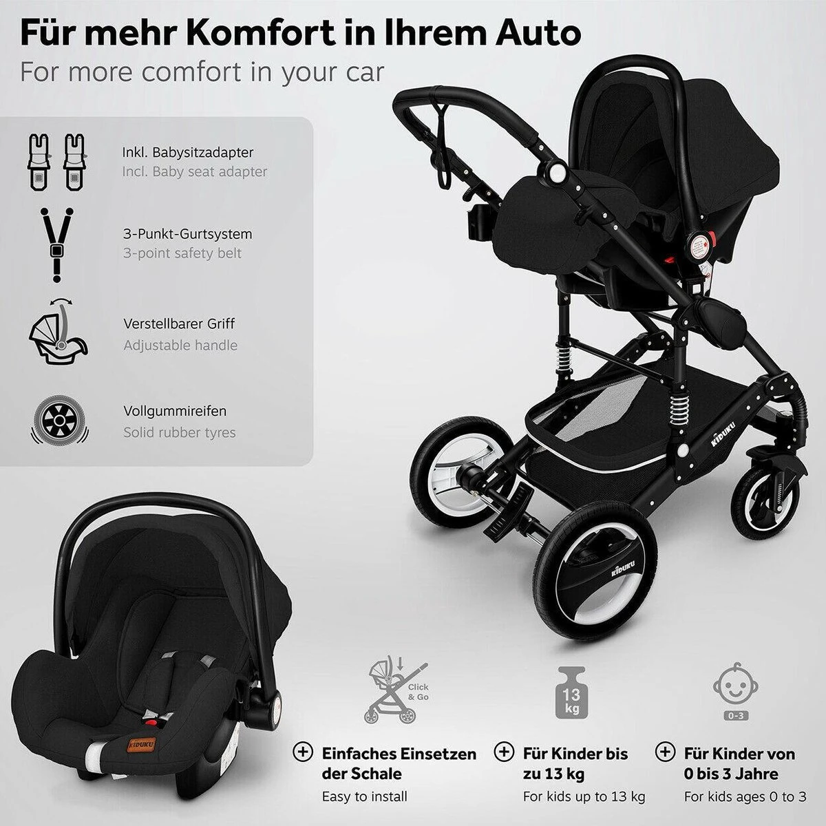 KIDUKU- 3 In 1 Combi-kinderwagen- Zwart- Buggy Incl. Autostoeltje-regenhoes- Inklapbaar 5 KIDUKU- 3 In 1 Combi-kinderwagen- Zwart- Buggy Incl. Autostoeltje-regenhoes- Inklapbaar - Afbeelding 3