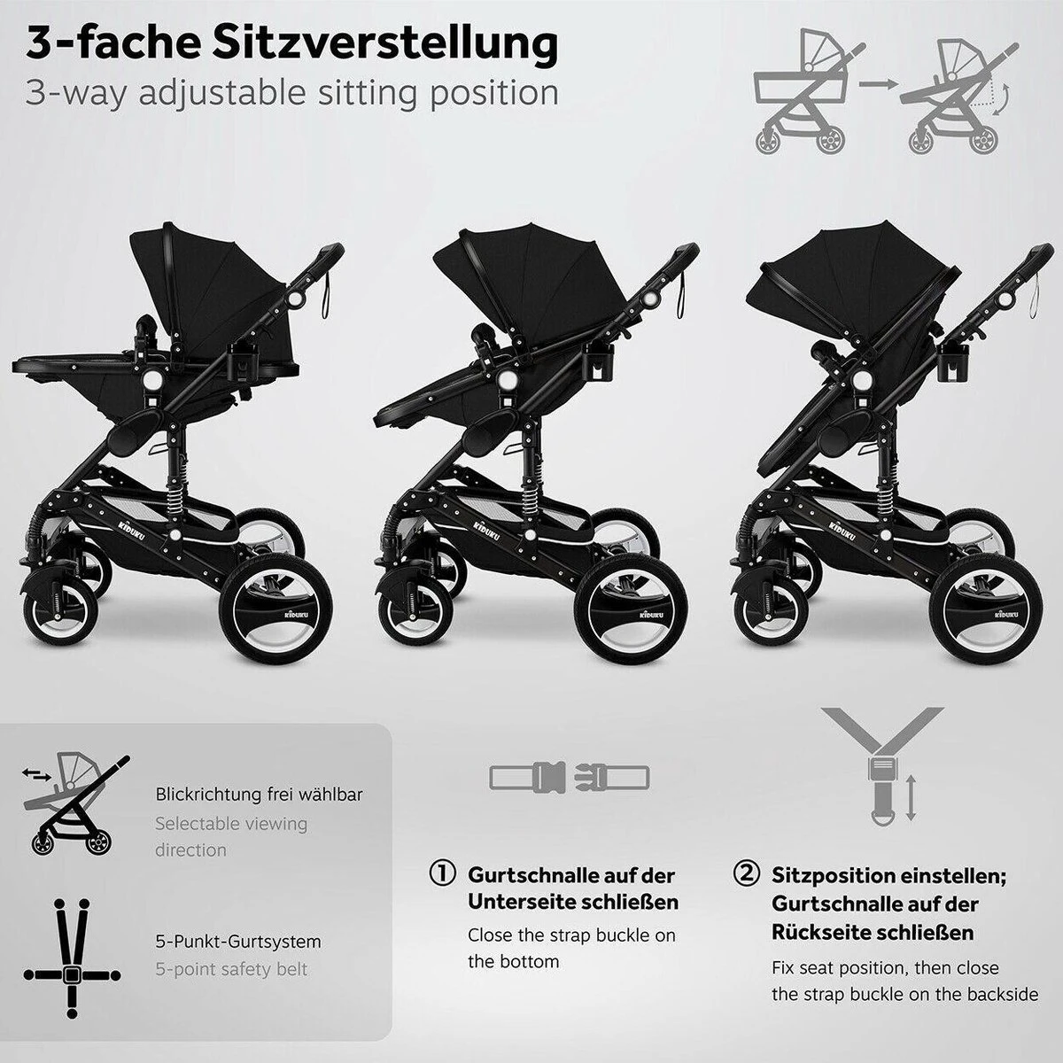 KIDUKU- 3 In 1 Combi-kinderwagen- Zwart- Buggy Incl. Autostoeltje-regenhoes- Inklapbaar 9 KIDUKU- 3 In 1 Combi-kinderwagen- Zwart- Buggy Incl. Autostoeltje-regenhoes- Inklapbaar - Afbeelding 7