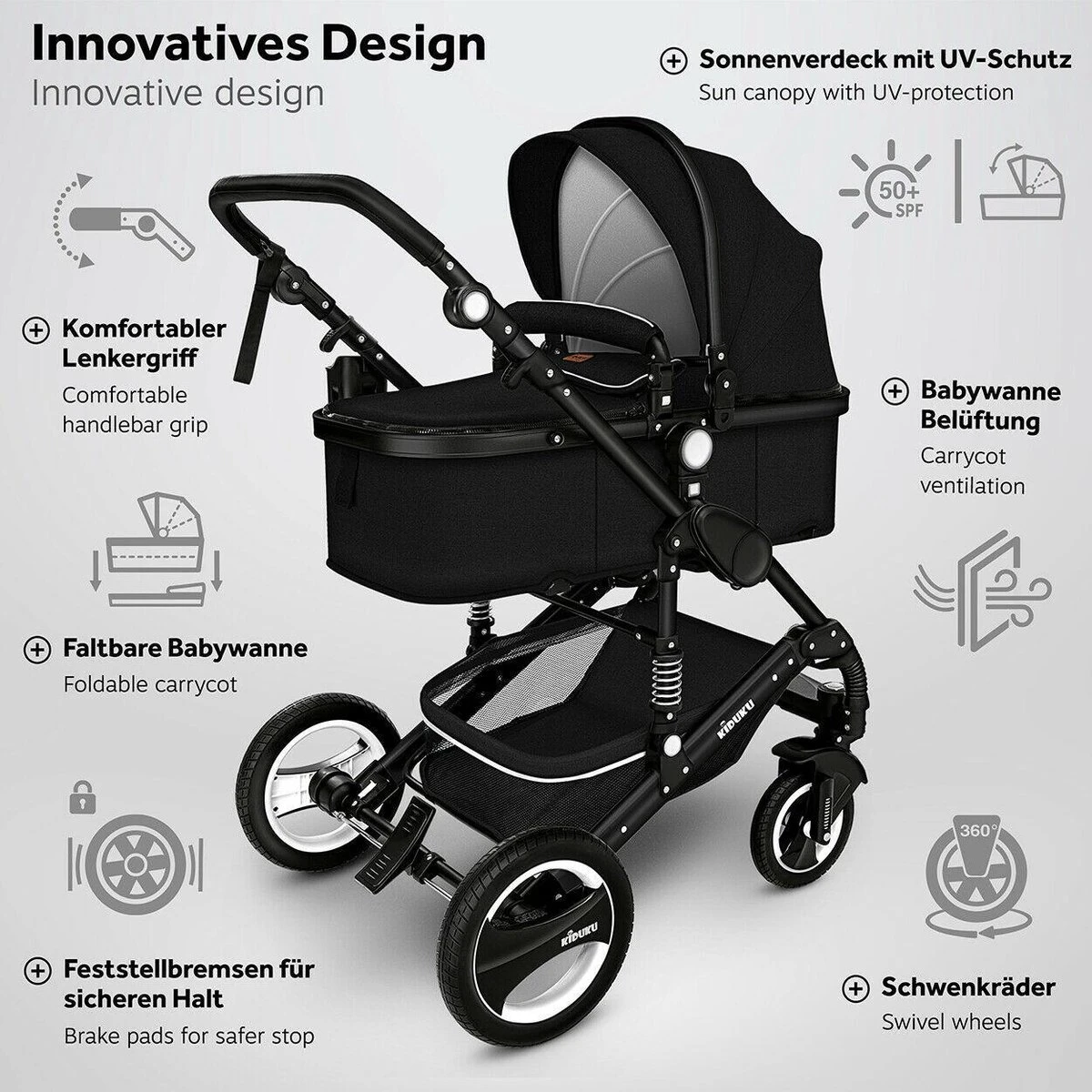 KIDUKU- 3 In 1 Combi-kinderwagen- Zwart- Buggy Incl. Autostoeltje-regenhoes- Inklapbaar 11 KIDUKU- 3 In 1 Combi-kinderwagen- Zwart- Buggy Incl. Autostoeltje-regenhoes- Inklapbaar - Afbeelding 9