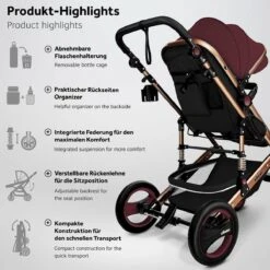 KIDUKU- 3 In 1 Combi-kinderwagen- Bordeaux- Zwart-goud- Buggy Incl. Autostoeltje-regenhoes- Inklapbaar -Bekend Babyproducten Winkel 1200x1200 1222