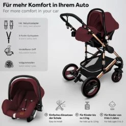 KIDUKU- 3 In 1 Combi-kinderwagen- Bordeaux- Zwart-goud- Buggy Incl. Autostoeltje-regenhoes- Inklapbaar -Bekend Babyproducten Winkel 1200x1200 1223