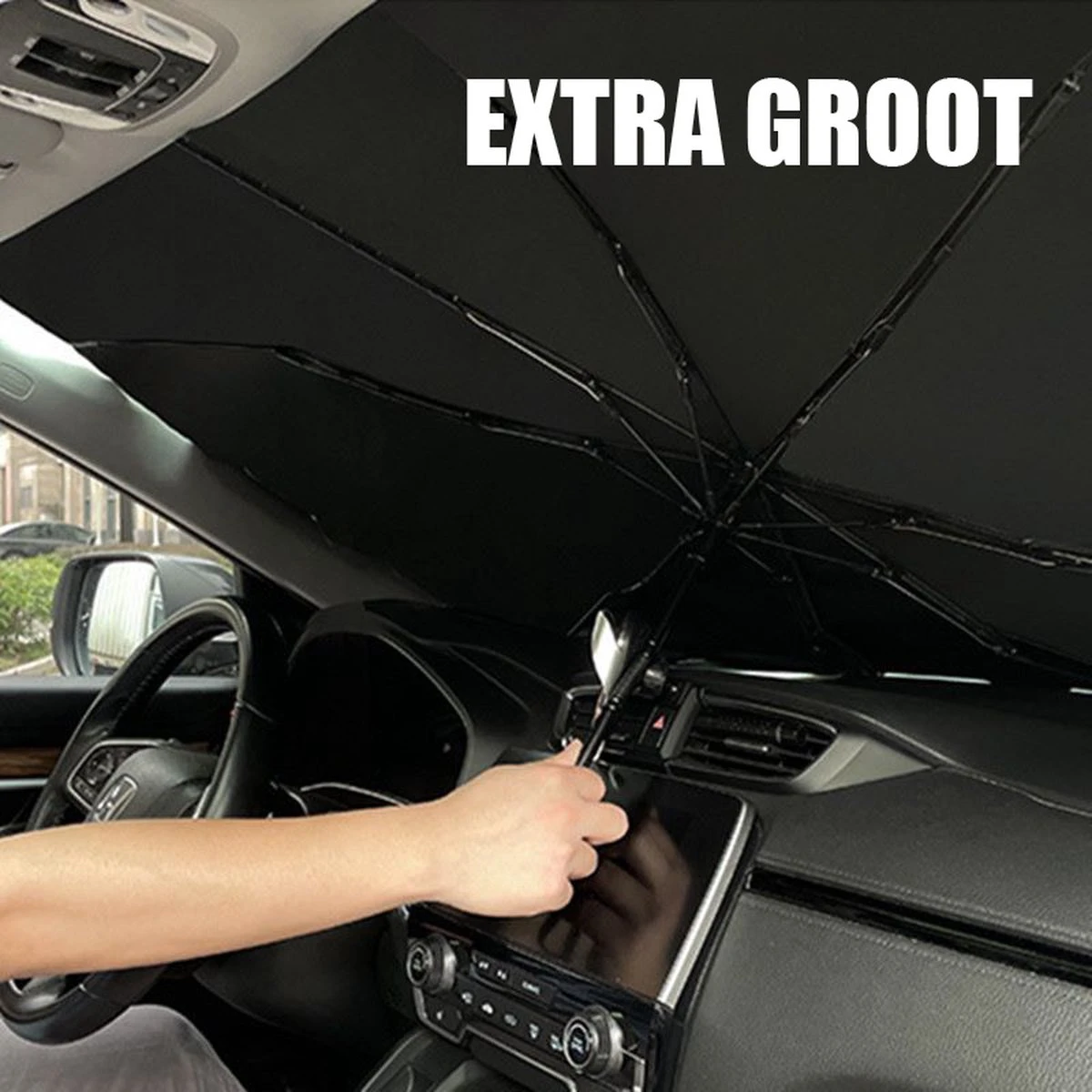 EXTRA GROOT Zonnescherm / Autoparaplu - Binnenkant Voorruit Auto - Opvouwbaar - Hitte En UV Bescherming 148X86cm 3 EXTRA GROOT Zonnescherm / Autoparaplu - Binnenkant Voorruit Auto - Opvouwbaar - Hitte En UV Bescherming 148X86cm