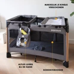 Deryan Luxe Campingbed Compleet - 120x60cm - Bodemverhoger - Verschoonblad - Opbergmand - Grijs -Bekend Babyproducten Winkel 1200x1200 990