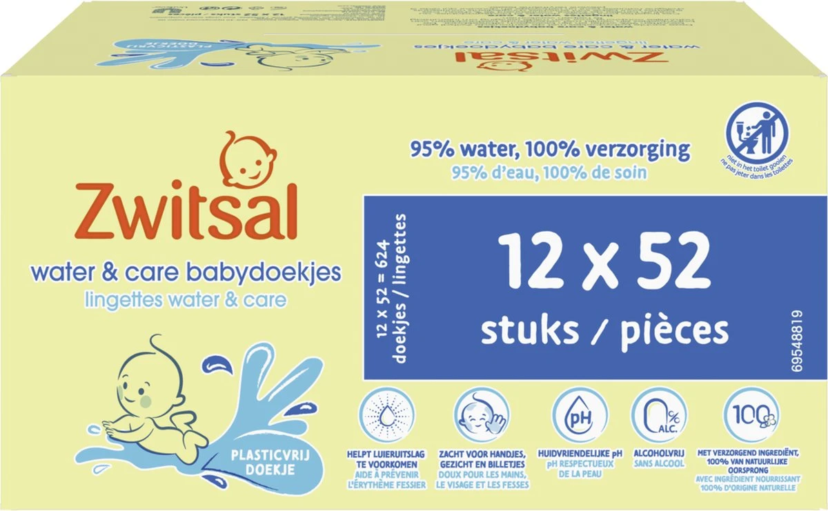 Zwitsal Water & Care Billendoekjes Met Zachte Zwitsal Geur - 624 Doekjes - Voordeelverpakking 3 Zwitsal Water & Care Billendoekjes Met Zachte Zwitsal Geur - 624 Doekjes - Voordeelverpakking