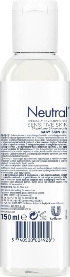 Neutral 0% Baby Huidolie Parfumvrij - 2 X 150 Ml - Voordeelverpakking -Bekend Babyproducten Winkel 307x1200