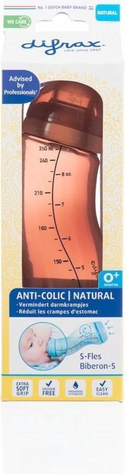 Difrax Anti-Colic S-Babyfles Natural - 250 Ml - Brick/Roodbruin -Bekend Babyproducten Winkel 320x1200