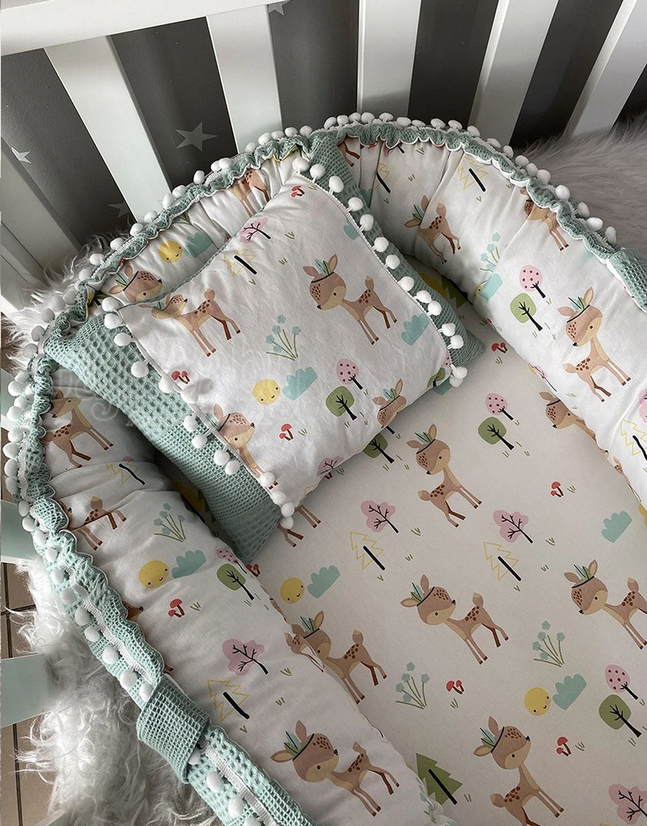 Jaju Baby - Babynestje En Hoofdkussen - Organische Katoen - Antibacterieel Babynestje - Anti-Allergisch Babynestje - Groen En Gazelle Patroon - 74 X 40 Cm 4 Jaju Baby - Babynestje En Hoofdkussen - Organische Katoen - Antibacterieel Babynestje - Anti-Allergisch Babynestje - Groen En Gazelle Patroon - 74 X 40 Cm - Afbeelding 2